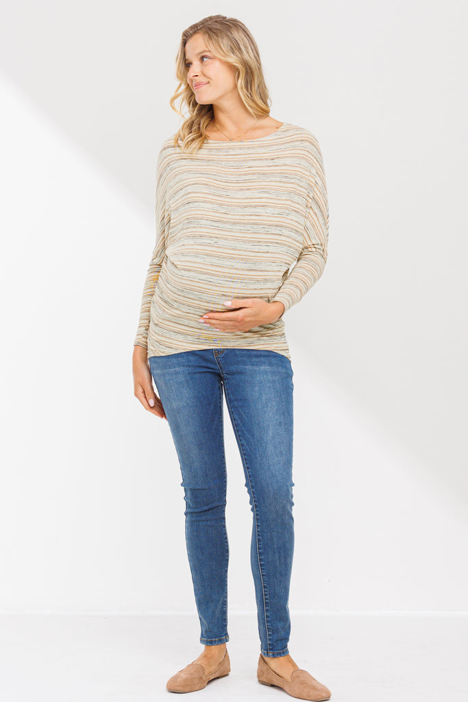 Mocha Boat Neck Dropped Shoulder Long Sleeve Maternity Top