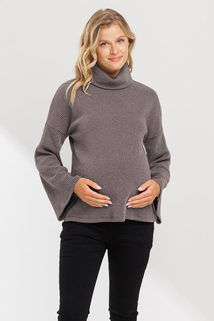 Mocha Turtle Neck Knit Sweater Maternity Top