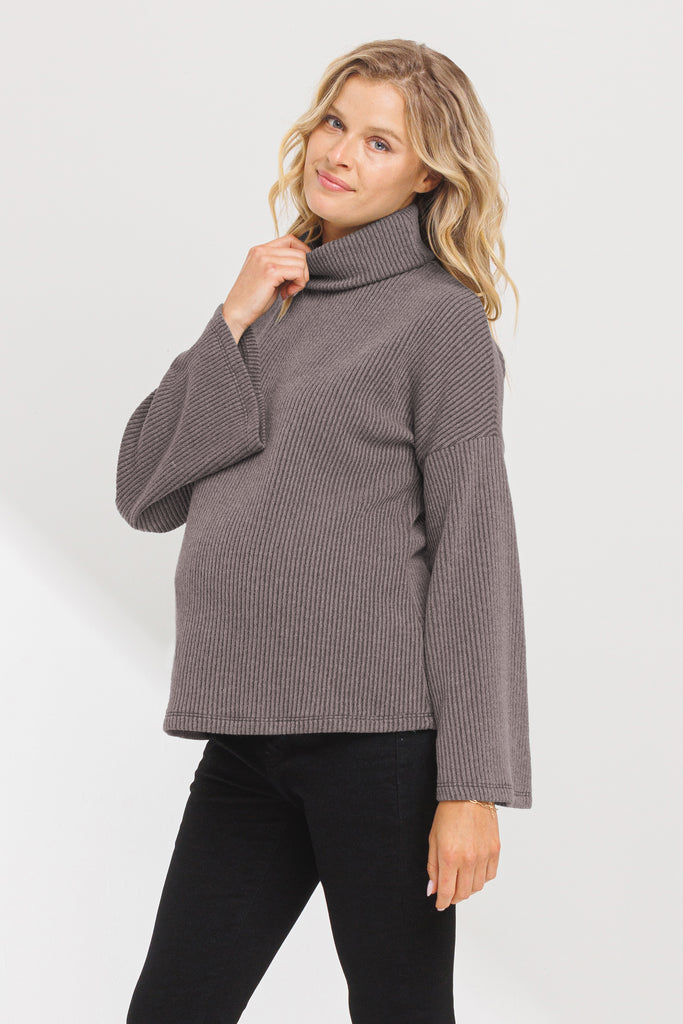 Mocha Turtle Neck Knit Sweater Maternity Top