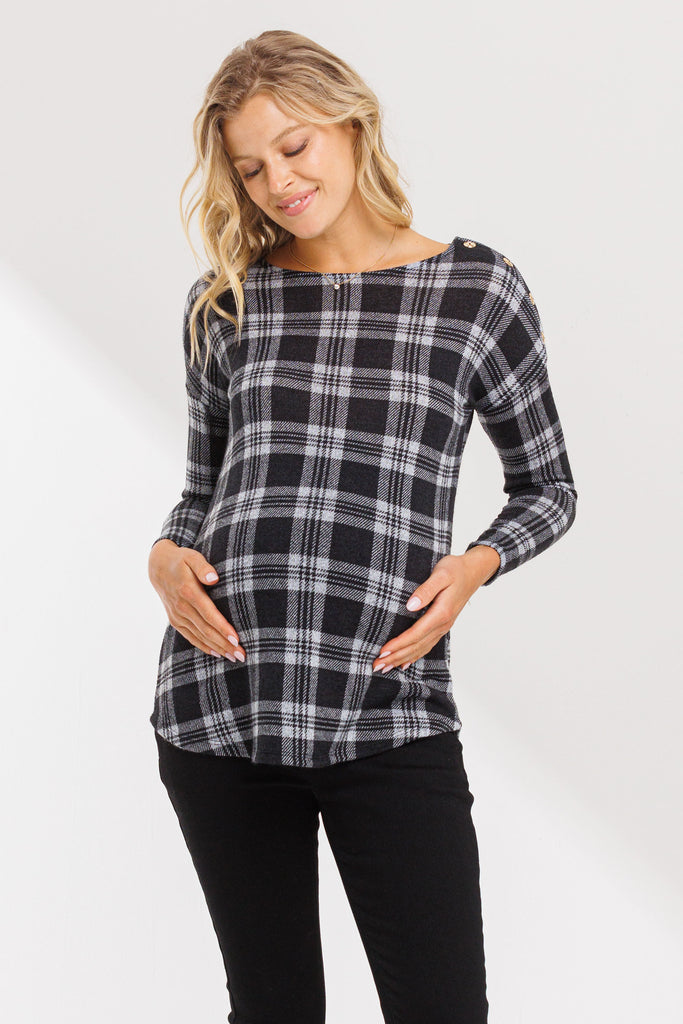 Black Plaid Boat Neck Long Sleeve Maternity Top