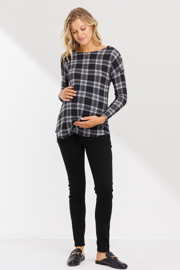 Black Plaid Boat Neck Long Sleeve Maternity Top