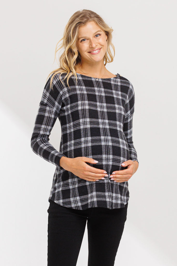 Black Plaid Boat Neck Long Sleeve Maternity Top