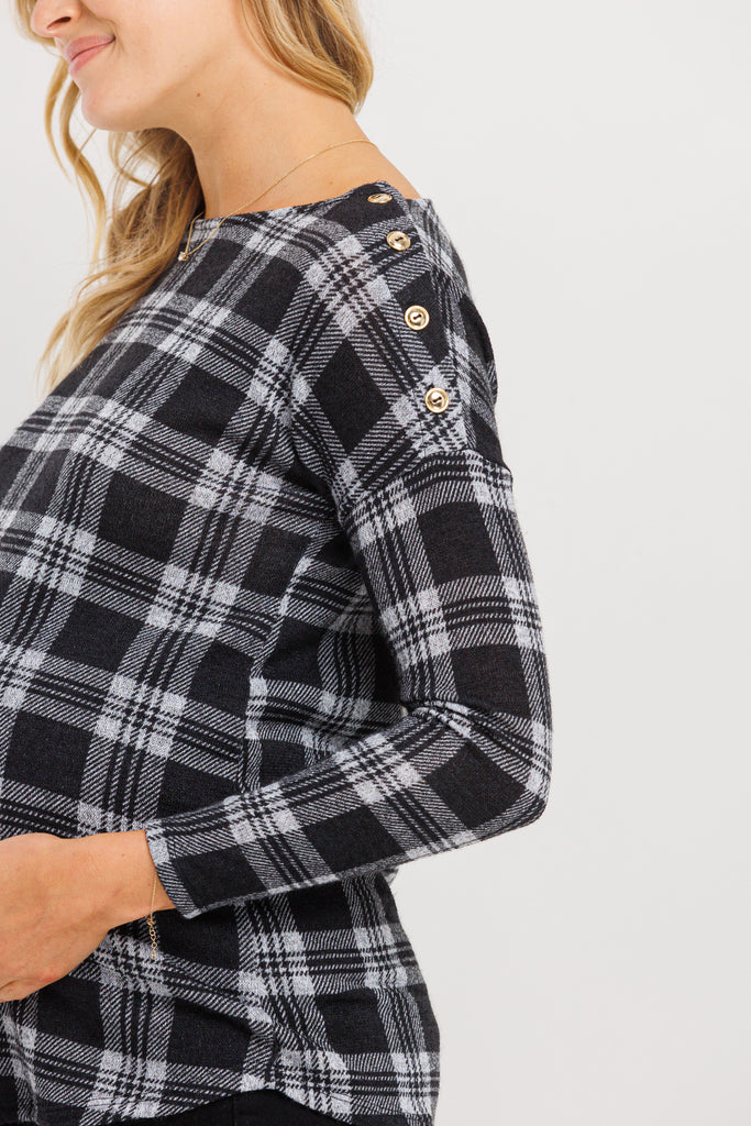 Black Plaid Boat Neck Long Sleeve Maternity Top