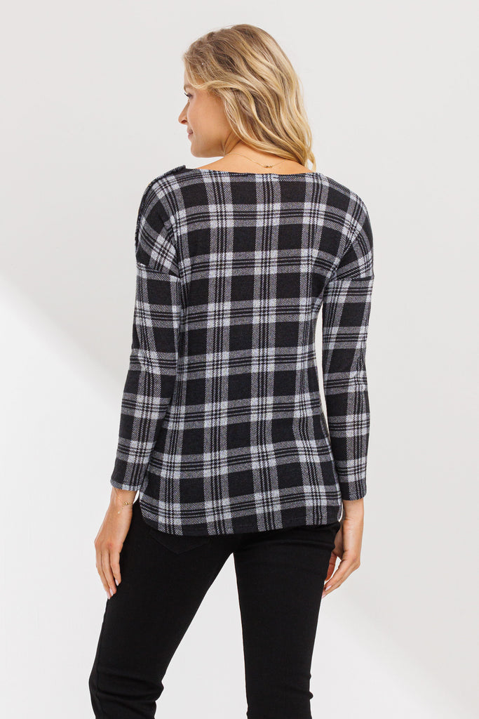 Black Plaid Boat Neck Long Sleeve Maternity Top