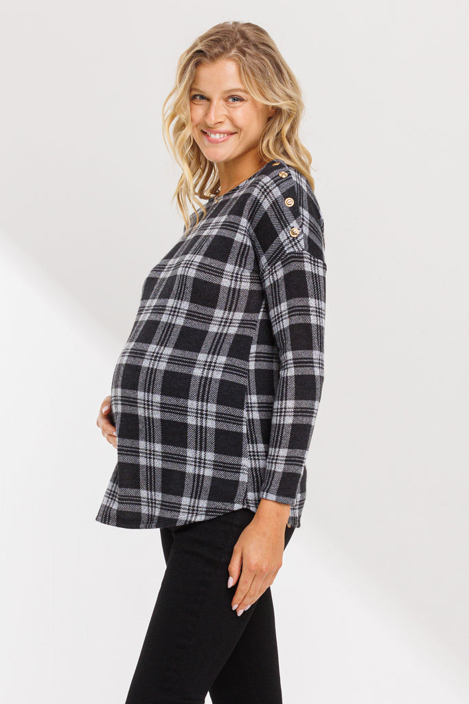 Black Plaid Boat Neck Long Sleeve Maternity Top