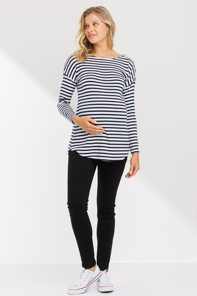 Off White/Navy Boat Neck Long Sleeve Maternity Top