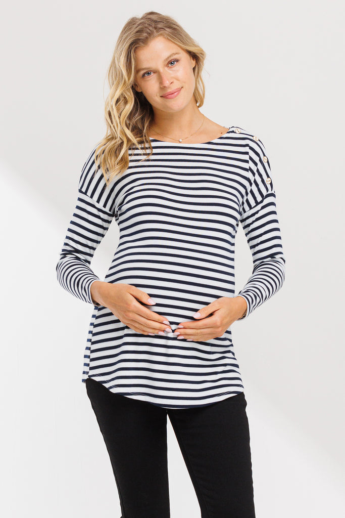 Off White/Navy Boat Neck Long Sleeve Maternity Top