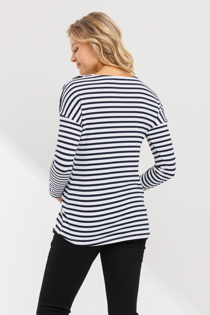 Off White/Navy Boat Neck Long Sleeve Maternity Top