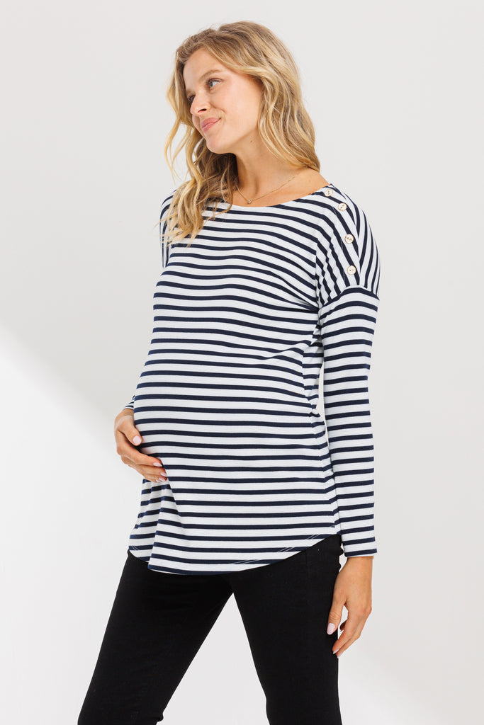 Off White/Navy Boat Neck Long Sleeve Maternity Top