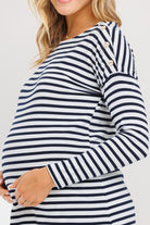 Off White/Navy Boat Neck Long Sleeve Maternity Top