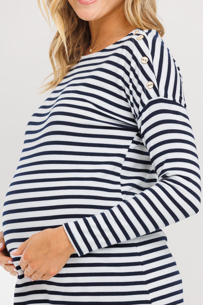 Off White/Navy Boat Neck Long Sleeve Maternity Top