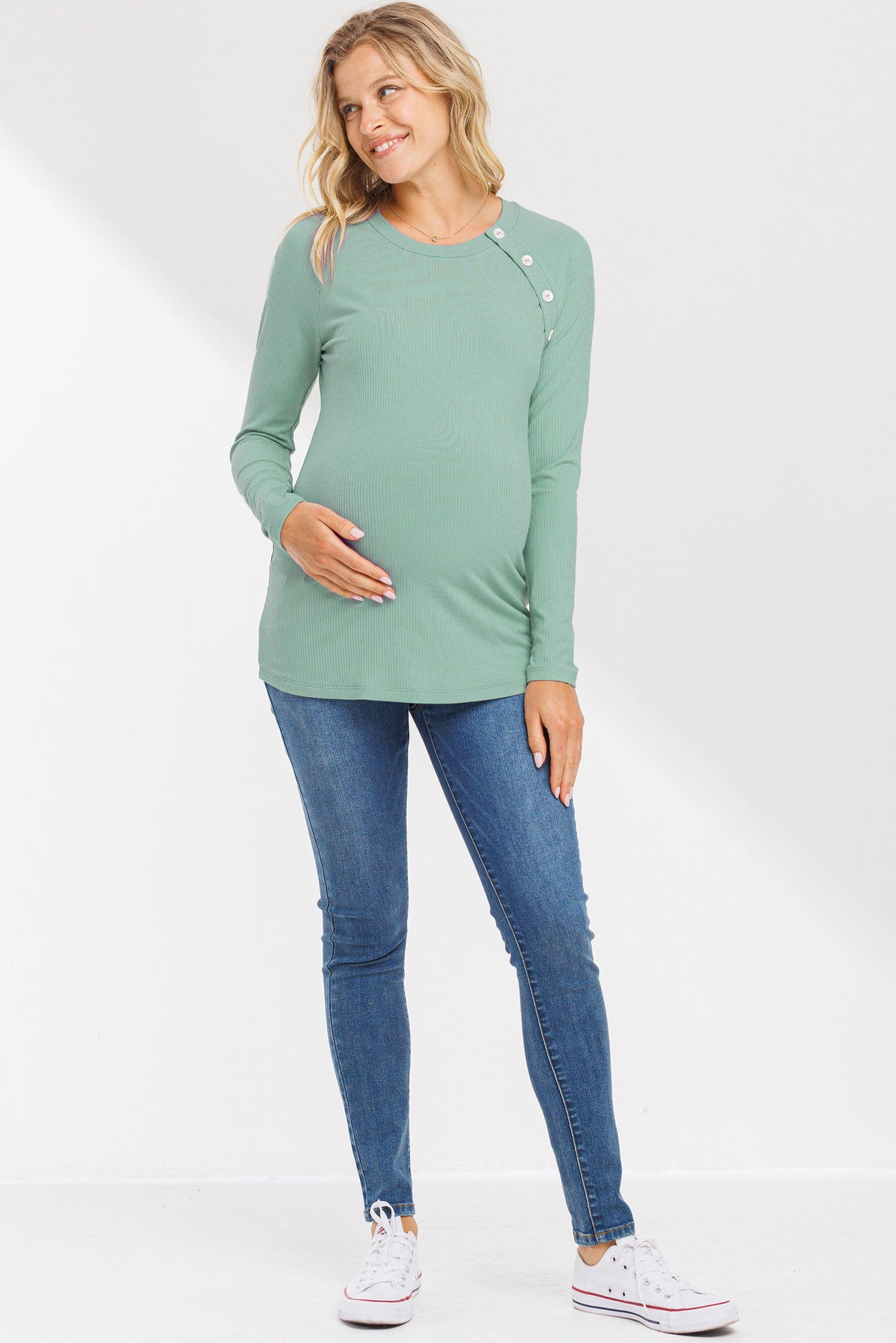 Mint Round Neck Button Detail Maternity Top