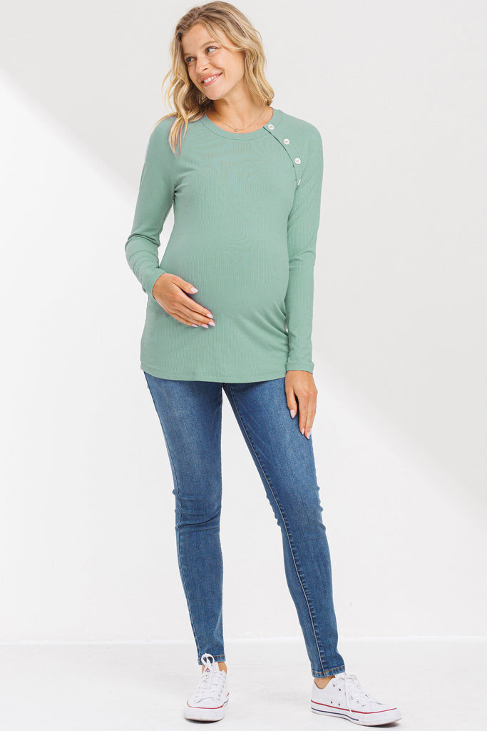 Mint Round Neck Button Detail Maternity Top