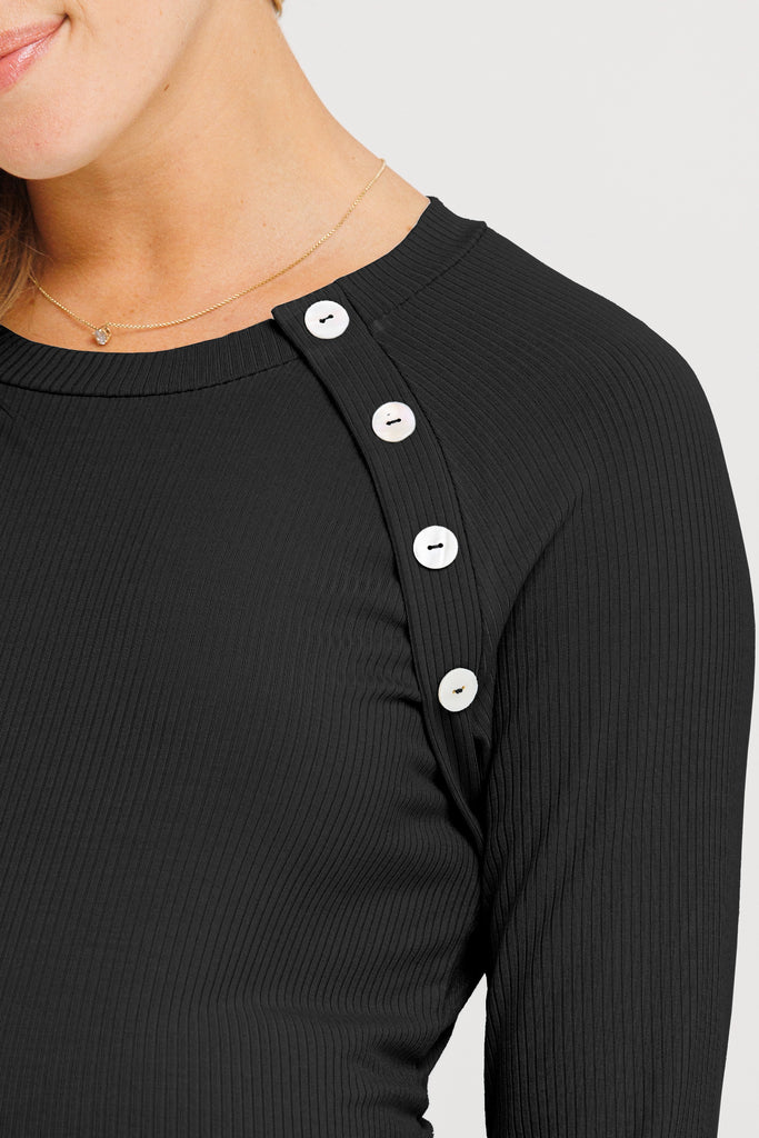 Black Round Neck Button Detail Maternity Top