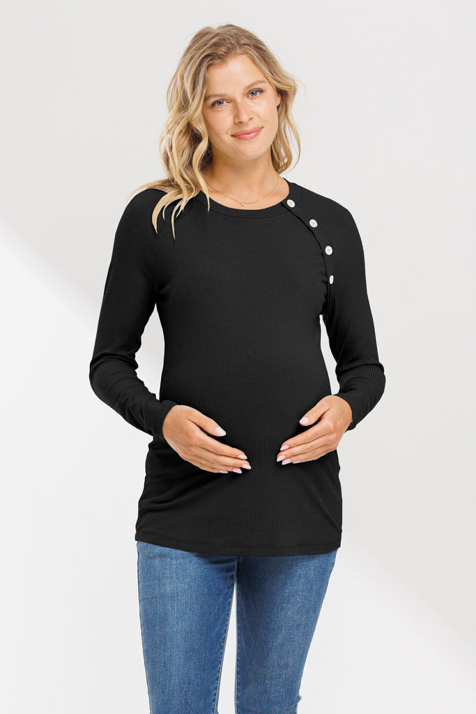 Black Round Neck Button Detail Maternity Top