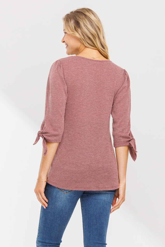 Mauve Knit 3/4 Tie-Sleeve Maternity Top