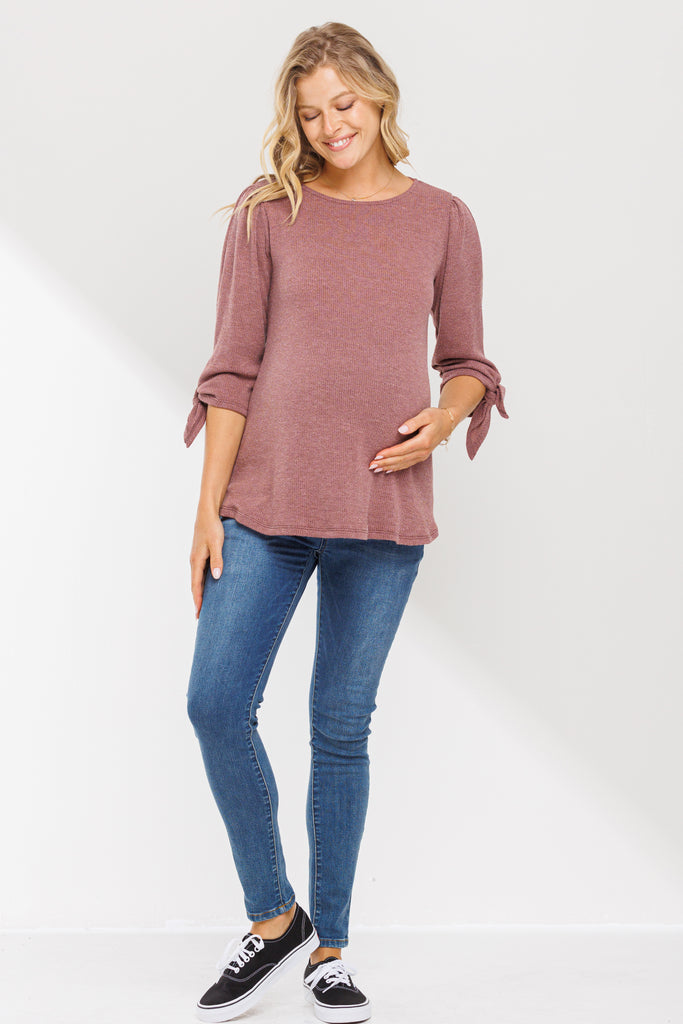 Mauve Knit 3/4 Tie-Sleeve Maternity Top