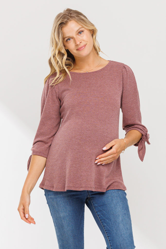 Mauve Knit 3/4 Tie-Sleeve Maternity Top