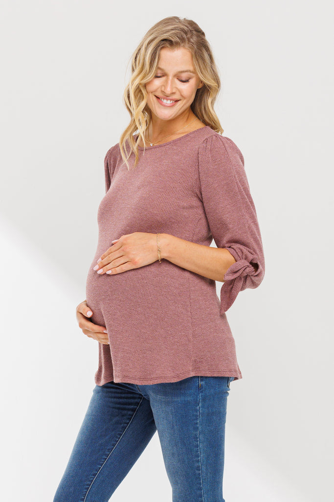 Mauve Knit 3/4 Tie-Sleeve Maternity Top