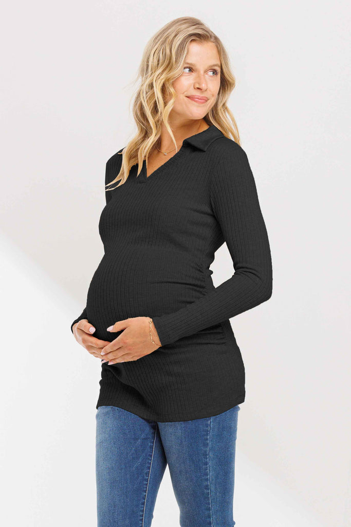 Black Rib Knit Collared V-Neck Maternity Top