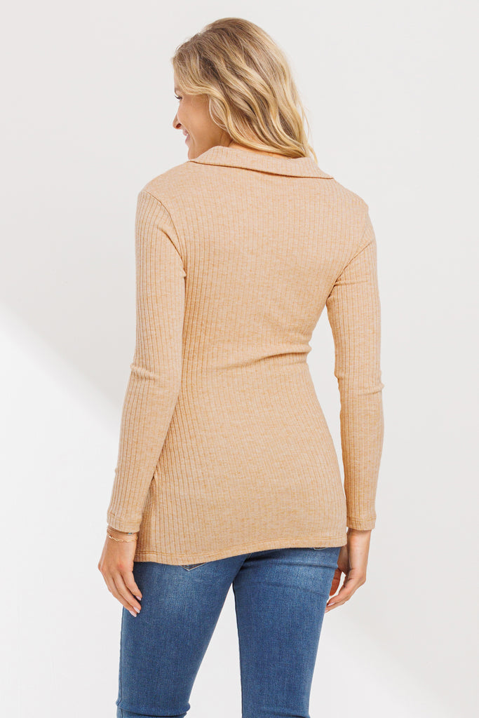 Taupe Rib Knit Collared V-Neck Maternity Top