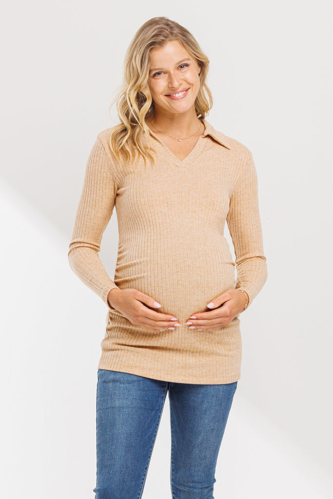 Taupe Rib Knit Collared V-Neck Maternity Top