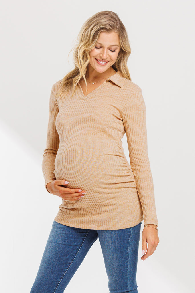 Taupe Rib Knit Collared V-Neck Maternity Top