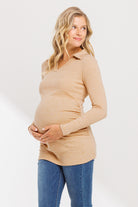 Taupe Rib Knit Collared V-Neck Maternity Top