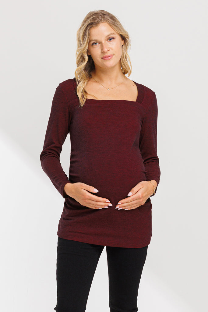 Burgundy Square Neck Ruched Side Maternity Top