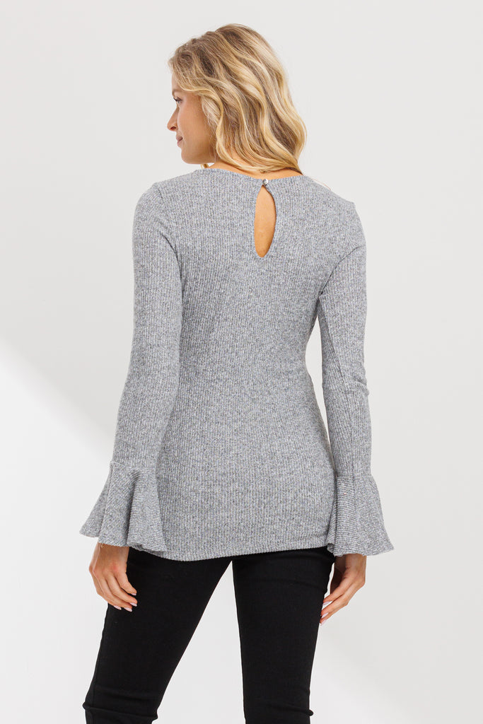 Heather Grey Faux-Tie Keyhole Maternity Top With Bell Sleeves