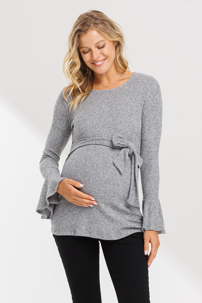 Heather Grey Faux-Tie Keyhole Maternity Top With Bell Sleeves