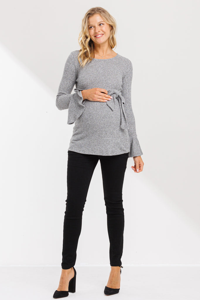 Heather Grey Faux-Tie Keyhole Maternity Top With Bell Sleeves