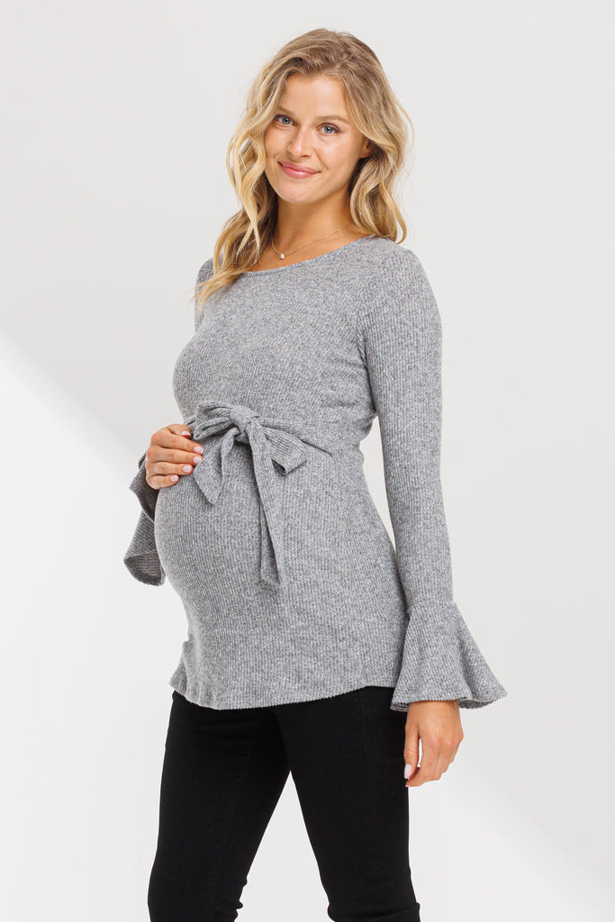 Heather Grey Faux-Tie Keyhole Maternity Top With Bell Sleeves