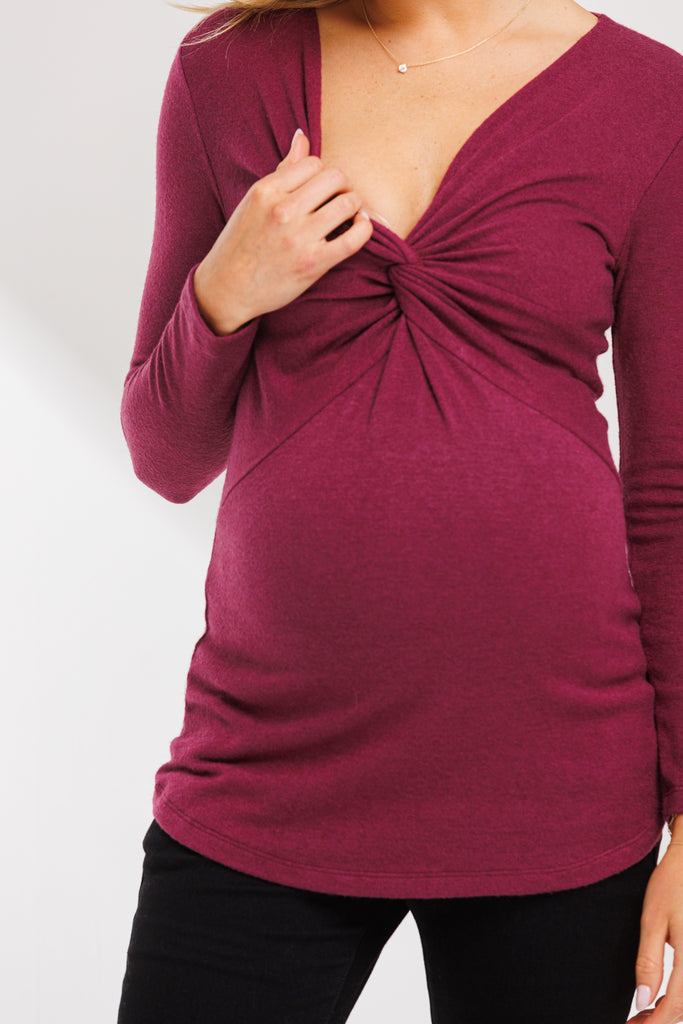 Burgundy Twist Front V-Neck Maternity Top