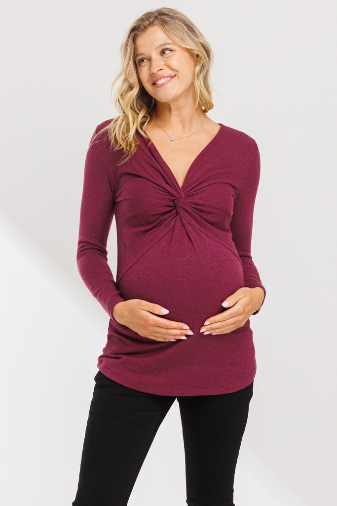 Burgundy Twist Front V-Neck Maternity Top