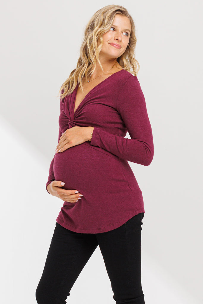 Burgundy Twist Front V-Neck Maternity Top