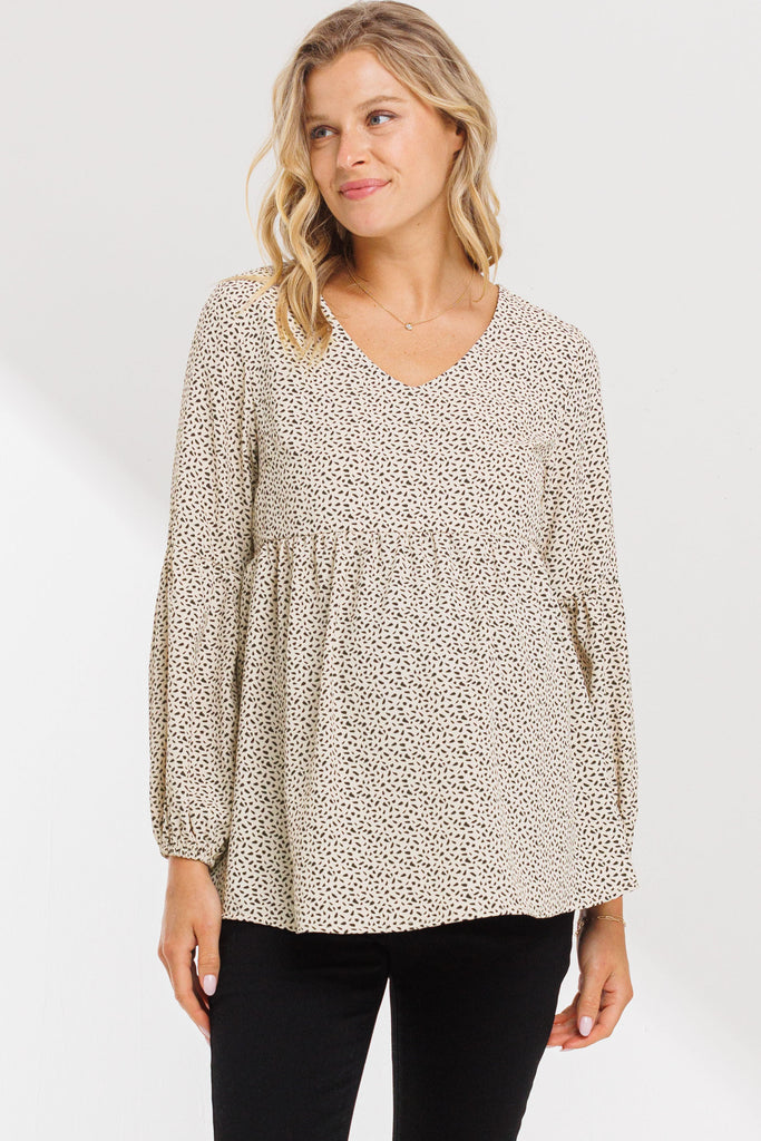 Taupe Bishop Sleeve Empire Waist Maternity Top