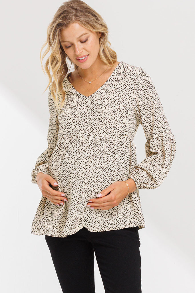 Taupe Bishop Sleeve Empire Waist Maternity Top