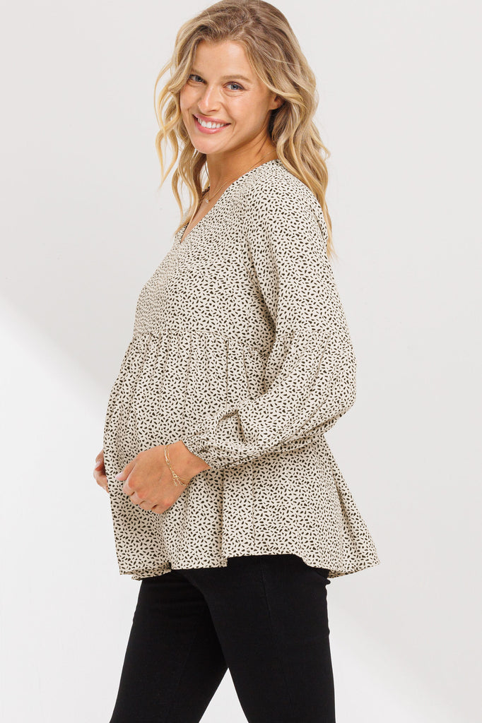 Taupe Bishop Sleeve Empire Waist Maternity Top