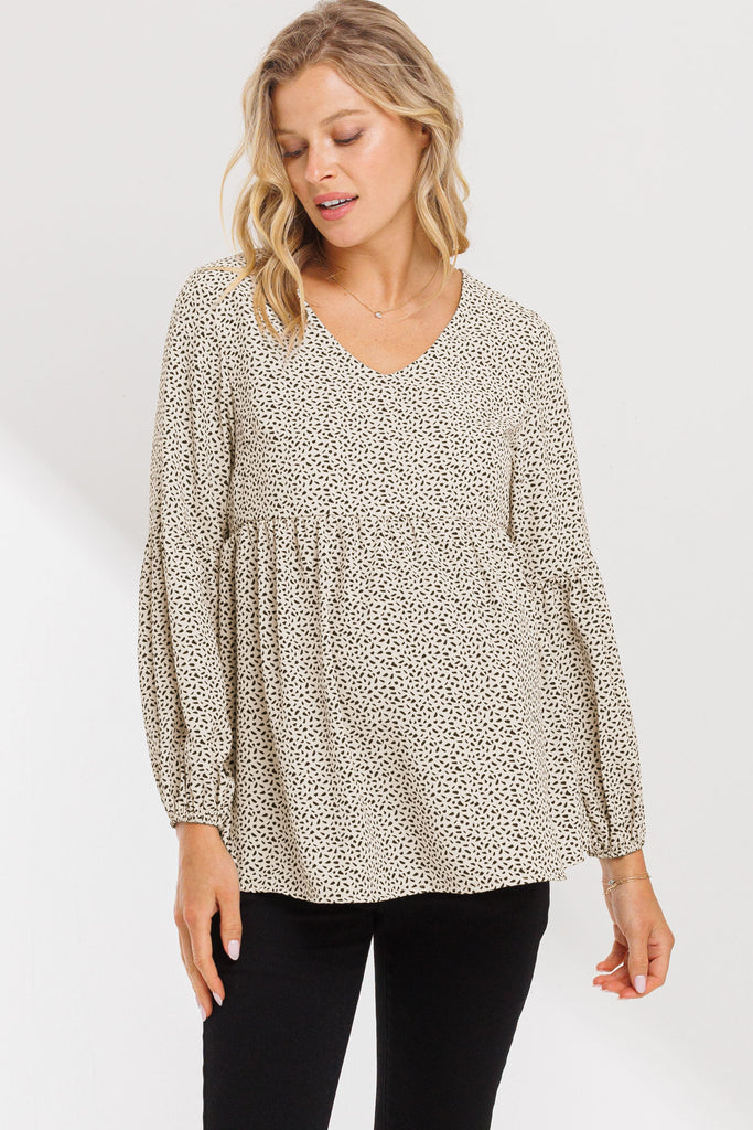 Taupe Bishop Sleeve Empire Waist Maternity Top