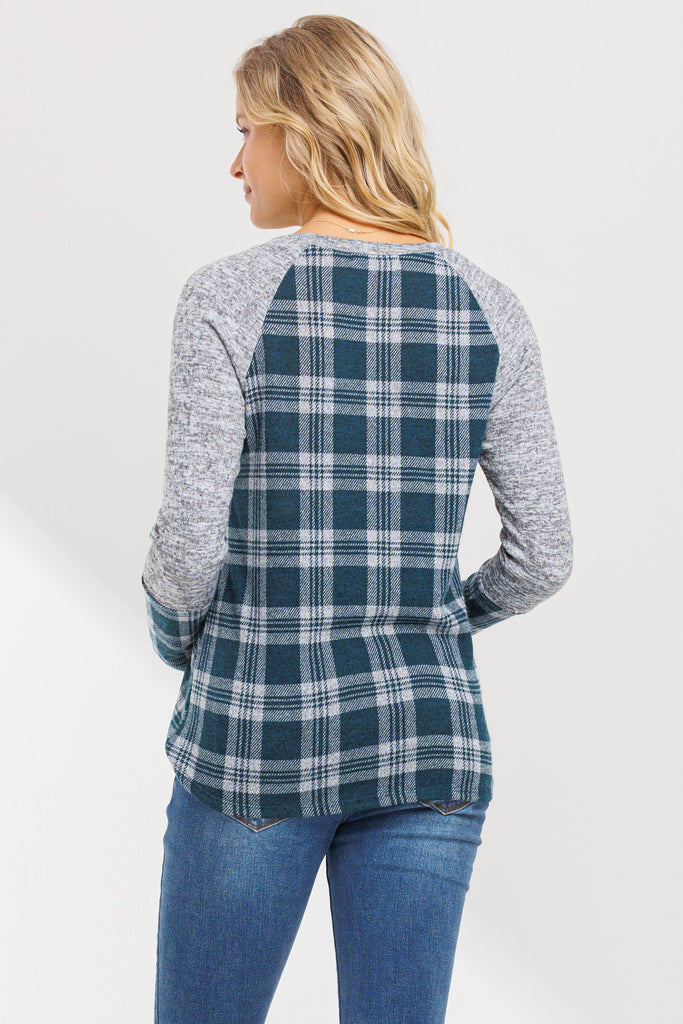 Green/Grey Plaid Long Sleeve Raglan Maternity Top