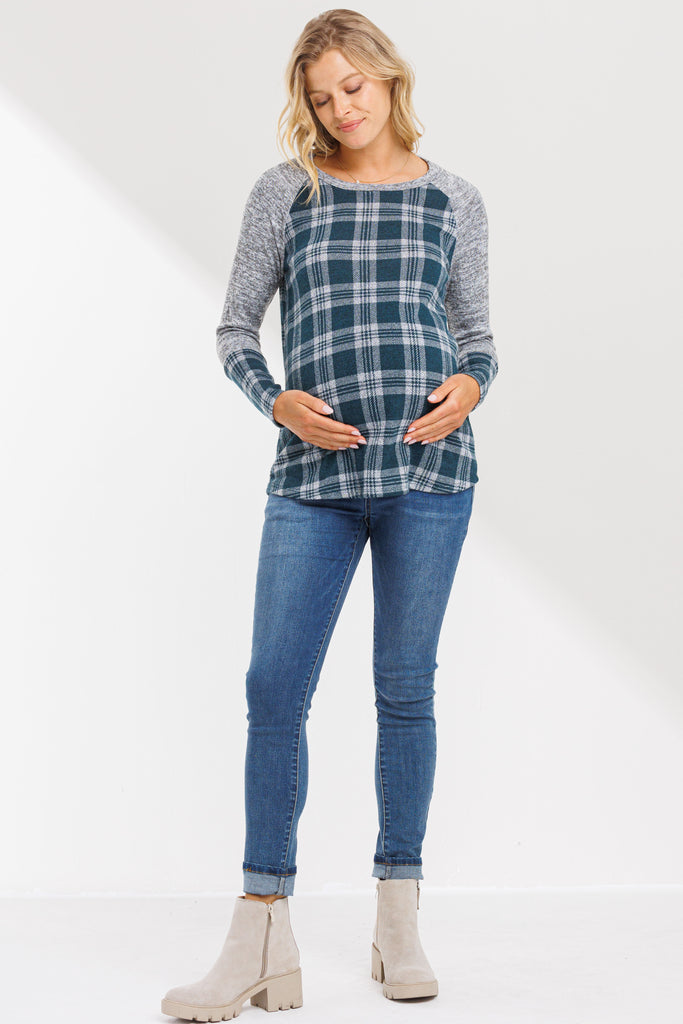 Green/Grey Plaid Long Sleeve Raglan Maternity Top