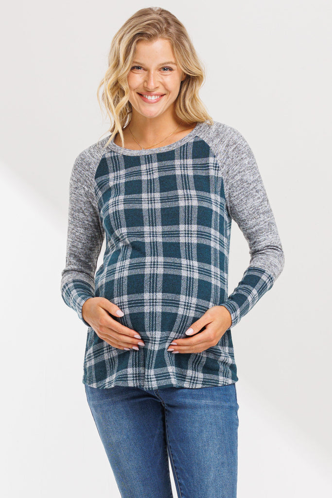 Green/Grey Plaid Long Sleeve Raglan Maternity Top