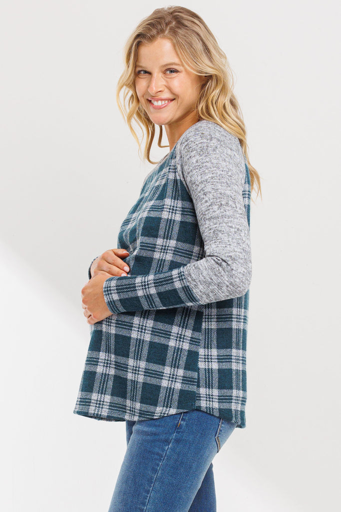 Green/Grey Plaid Long Sleeve Raglan Maternity Top