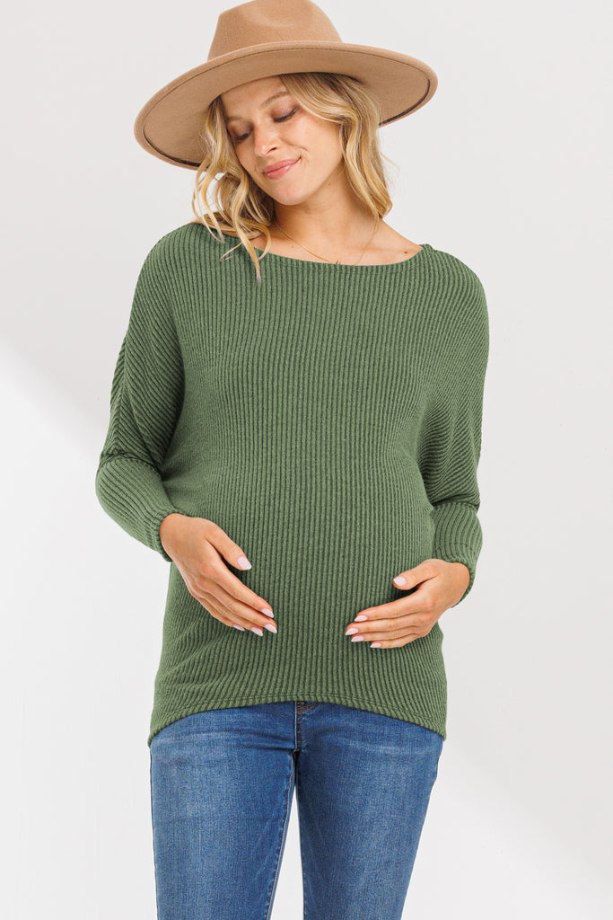 Olive Rib Knit Boat Neck Dropped Shoulder Long Sleeve Maternity Top
