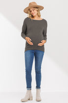 Mocha Rib Knit Boat Neck Dropped Shoulder Long Sleeve Maternity Top