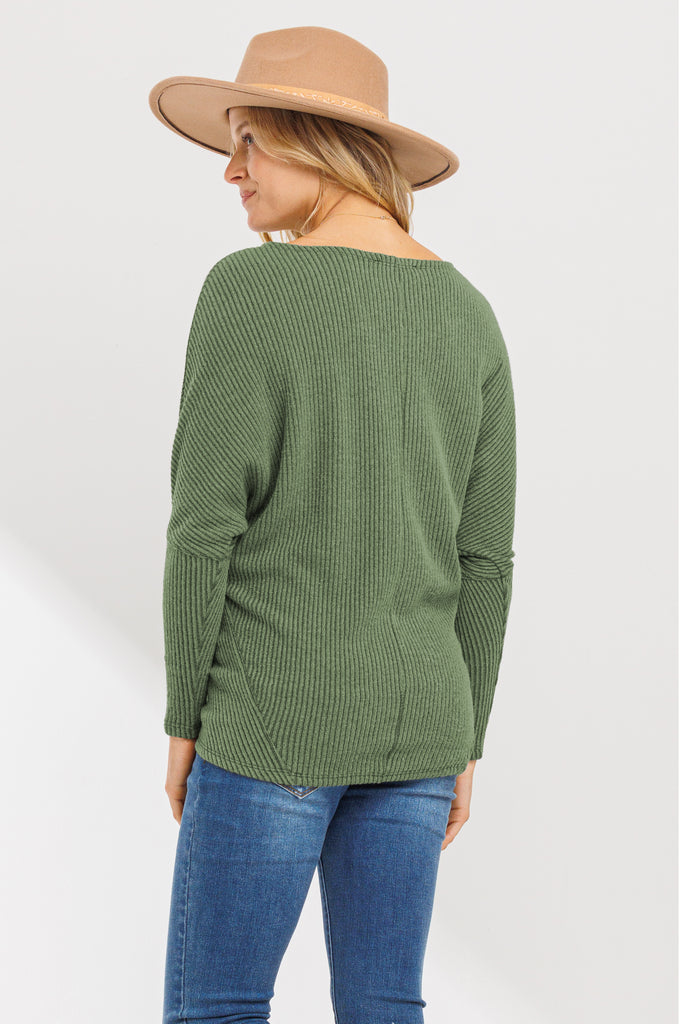 Olive Rib Knit Boat Neck Dropped Shoulder Long Sleeve Maternity Top
