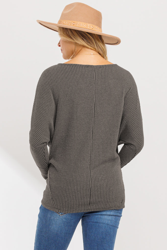 Mocha Rib Knit Boat Neck Dropped Shoulder Long Sleeve Maternity Top