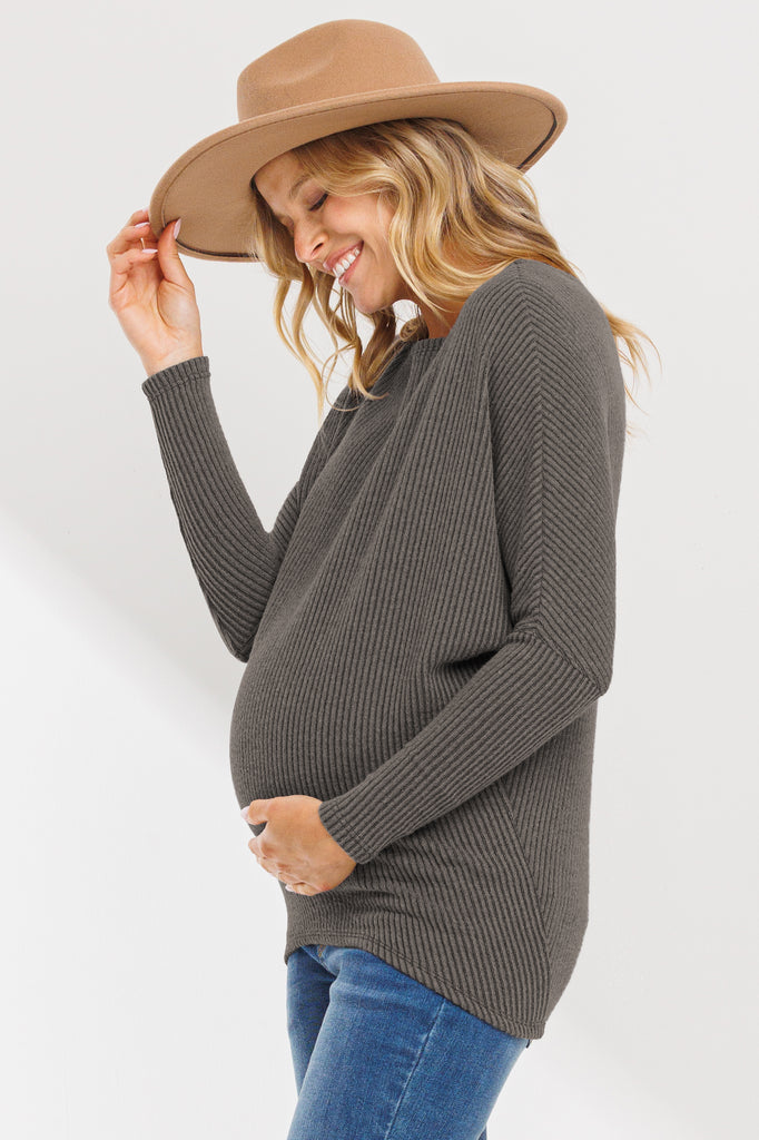 Mocha Rib Knit Boat Neck Dropped Shoulder Long Sleeve Maternity Top