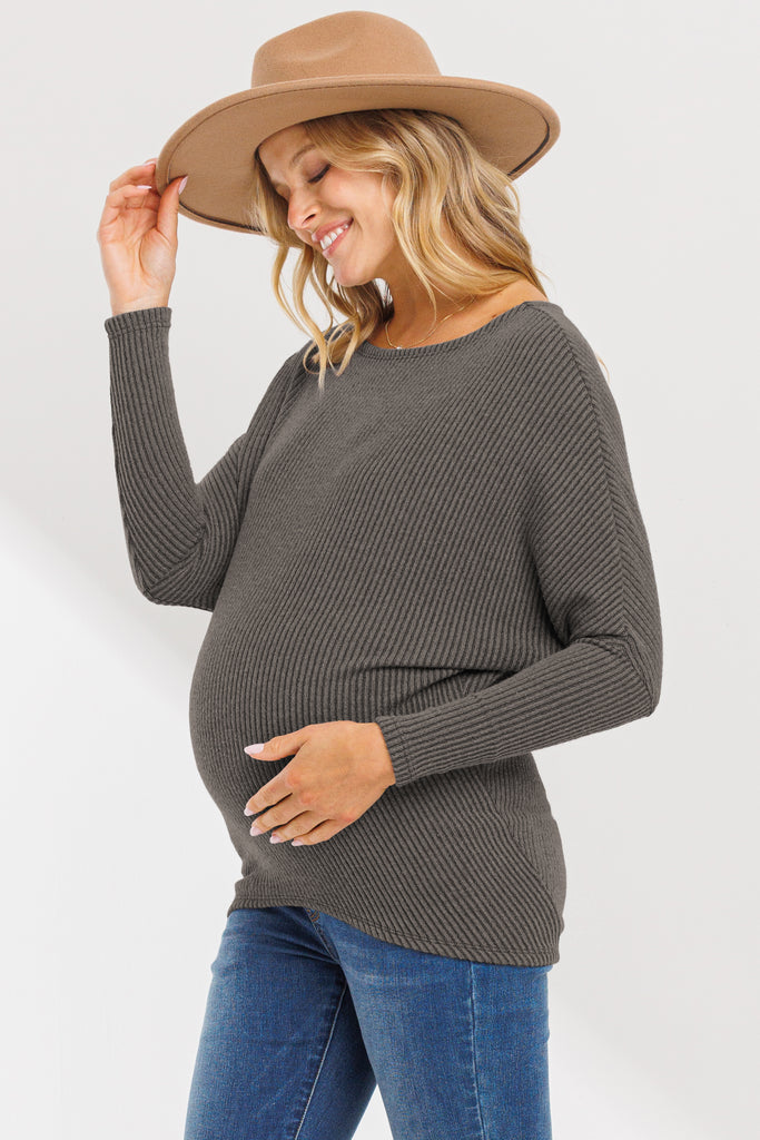 Mocha Rib Knit Boat Neck Dropped Shoulder Long Sleeve Maternity Top